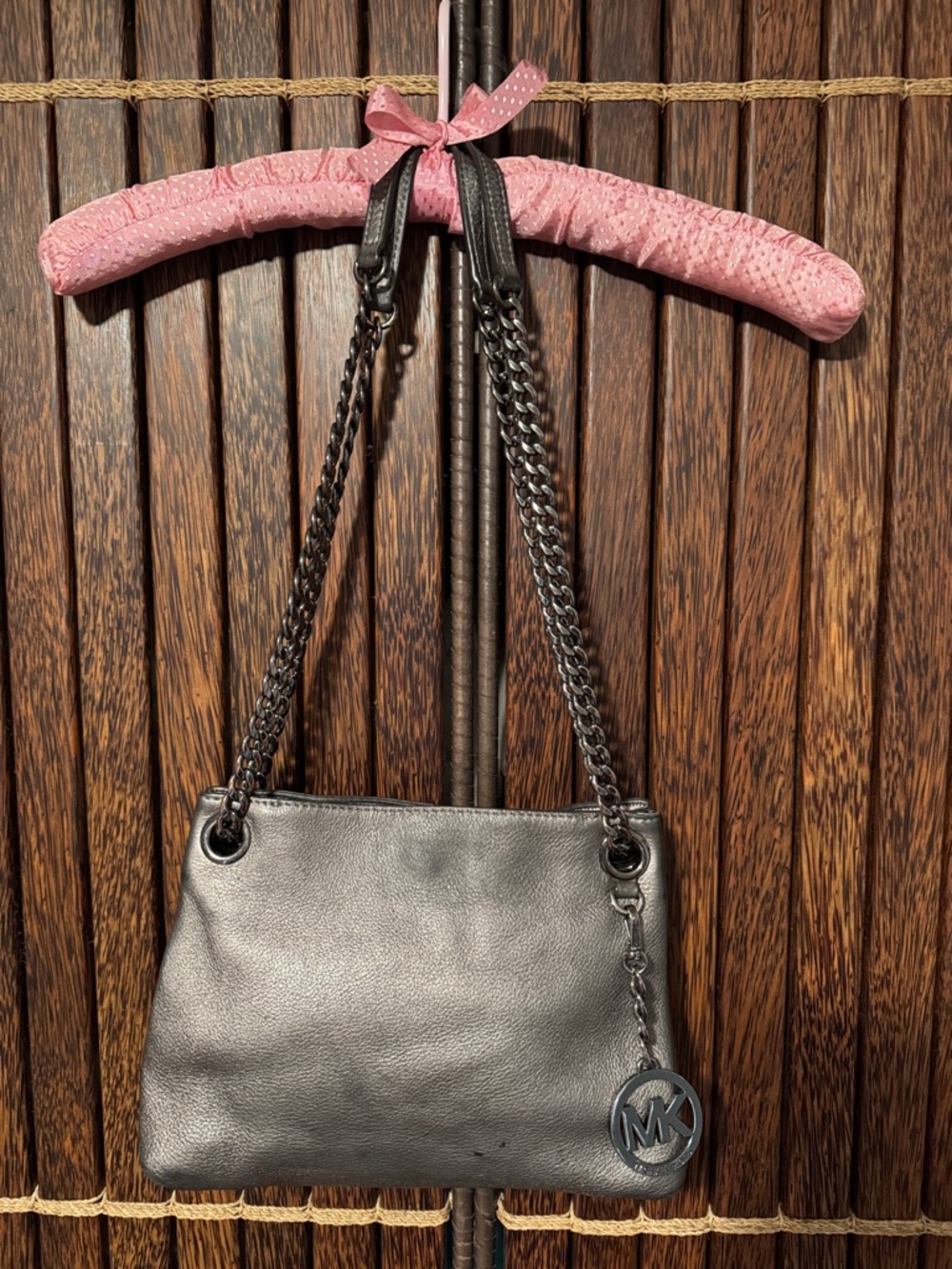 Michael Kors Metallic Silver Leather Shoulder Bag with Chain Straps